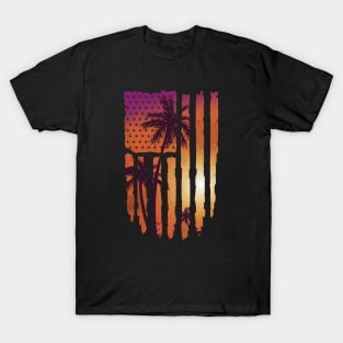 Summer Sunset Palm Trees American Flag Cool Spring Beach T-Shirt